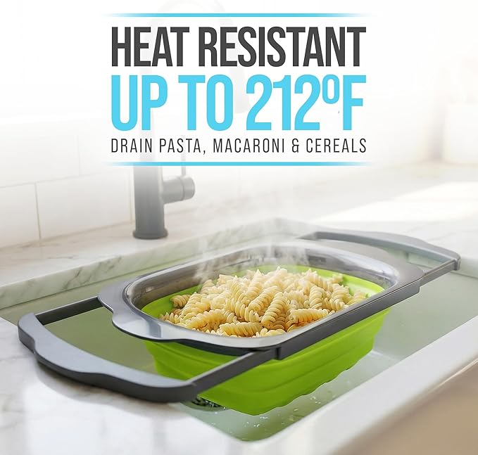 Comfify XL Large Kitchen Strainer - Collapsible Silicone Over-The-Sink Colander with Extendable Handles - Use with Pasta, Fruit, Berries & Veggie - 6 Quart - Green