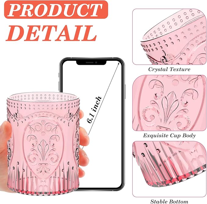 Qinyoung 24 Plastic Vintage Drinking Glasses 8.5oz Stemless Retro Embossed Wine Glasses Shatterproof Reusable Cups for Baby Shower Wedding Reception Grand Event Party (Pink)