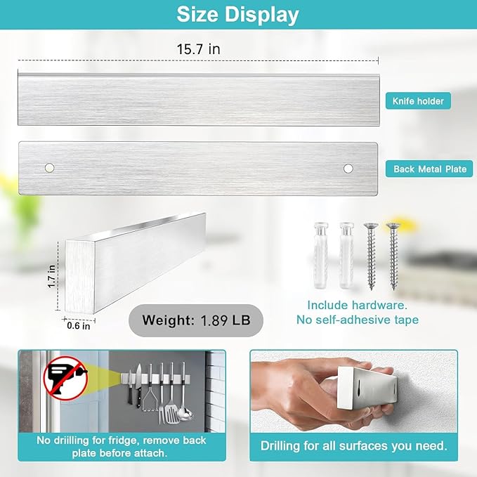 Magnetic Knife Holder for Wall 16 Inch Knife Magnetic Strip Refrigerator Knife Magnet Bar Wall Mount Knife Rack for RV Kitchen Utensil Holder Metal Tool Holder Knife Block for Kitchen Organization