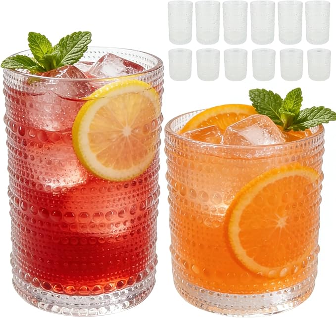 Hobnail Drinking Glasses Set of 12，Includes 12-ounce beer glasses and 10-ounce cocktail glasses.Kitchen Water Glass Cup,Bar Tumbler Glassware Set for Whiskey, Beer, Cocktail, Juice, Milk
