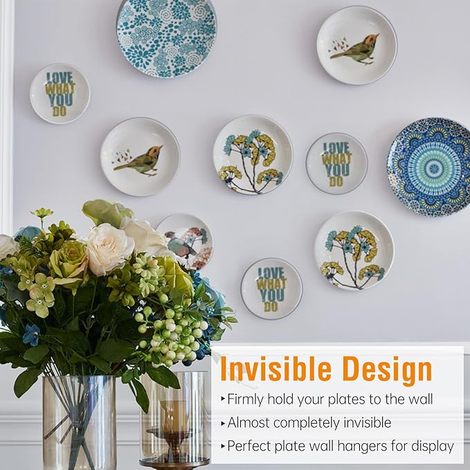 Bilillo 12 Pieces Invisible Heavy Duty Plate Holders, Stainless Steel Plate Hangers for The Wall, Plate Hangers for Display with Wall Hooks, Suitable for 6-8 inch Decorative Plattes and Arts (Silver)