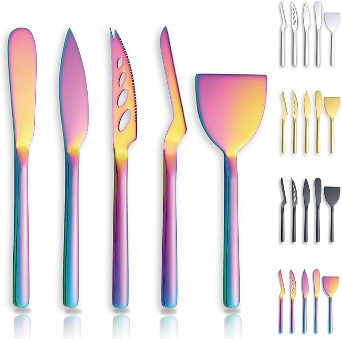 Berglander Rainbow Cheese Knife Set of 5 for All Types of Cheese, Colorful Titanium Plating Cheese Cutter Slicer Ergonomic Design for Confortable Grip and Cut, Butter Spreader Knife