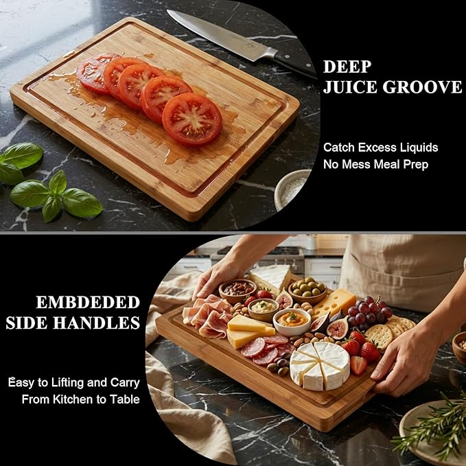 Bamboo Cutting Board, 1" Thick Heavy Duty Wood Chopping Board for Kitchen, Built-in Deep Juice Groove and Handles, Reversible Charcuterie Board for Meat BBQ, Gift for Housewarming, 17x12''