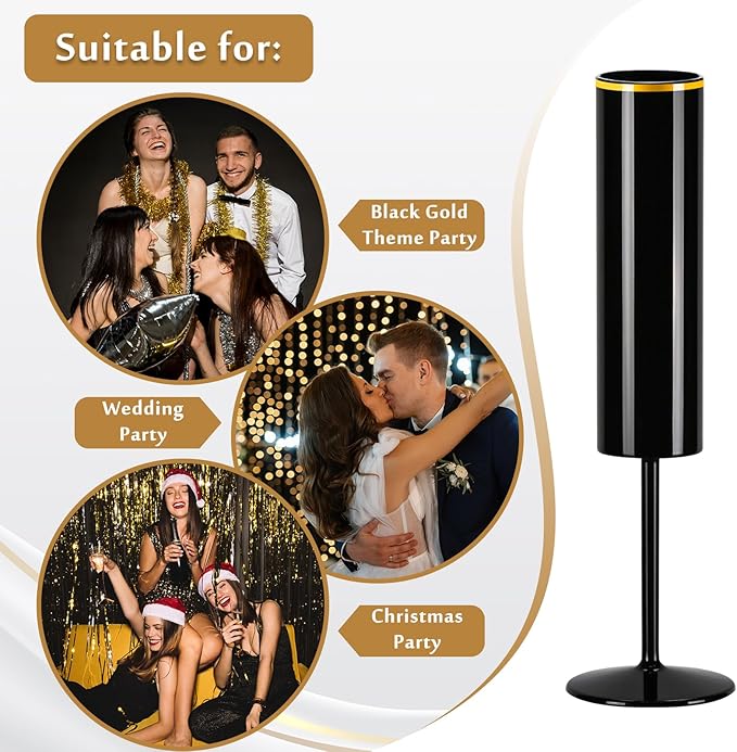 24 Pack Champagne Flute Acrylic 5.4 Oz Black Champagne Flutes Gold Rim Disposable Champagne Glasses Wedding Toasting Glasses Reusable Square Stemmed Wine Glasses for Wedding Christmas Halloween