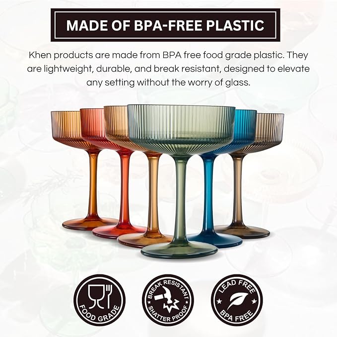 Khen Shatterproof Acrylic Ribbed Vintage Art Deco Martini, Champagne & Cocktail Muted Color Plastic Coupe Glasses | Set of 6 | 8 oz Ripple Glassware Classic Cocktail Indoor & Outdoor, European Style