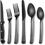 EWFEN 24-Piece Black Silverware Set with Steak Knives, Black Flatware Set for 4, Food-Grade Stainless Steel Tableware Cutlery Set, Mirror Finished Utensil Sets for Home Restaurant, Roman Column