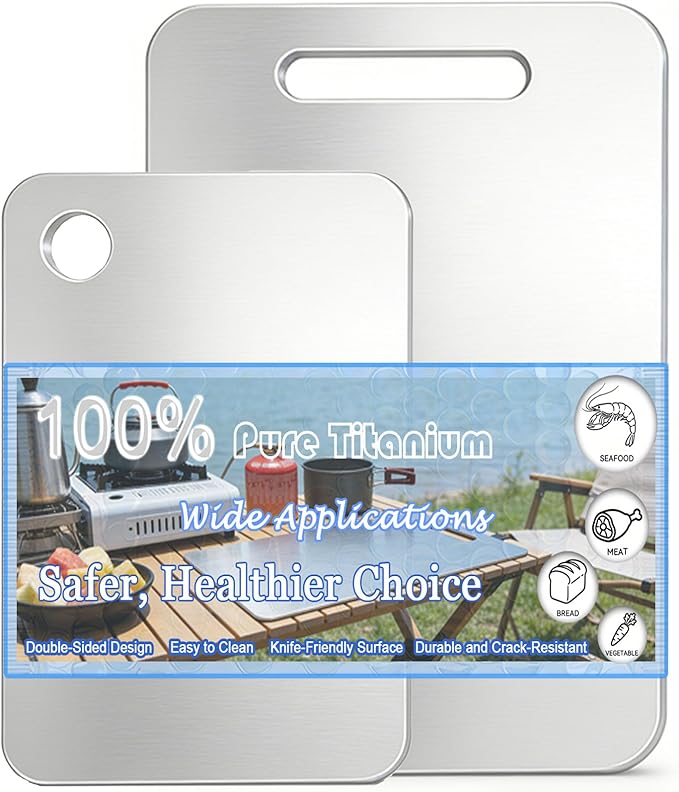 100% Pure Titanium Cutting Board Set of 2, Double-Sided Titanium Cutting Boards for Kitchen Dishwasher Safe, Camping Metal Charcuterie Chopping Board Mat for Meat, Fruit & Cheese (L+XL)