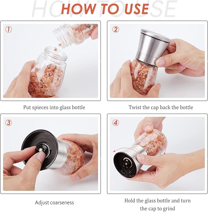 Ebaco Salt and Pepper Grinder Set - Refillable Grinder Adjustable Coarseness of Pepper Salt Spice Stainless Steel Mills Glass 6oz（2 Pack）