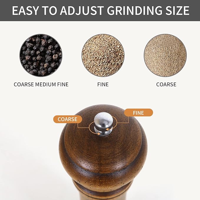1Pack Wood Pepper Grinder, XWXO 10 Inch Salt Mill Pepper Shaker, Pepper Mill with Adjustable Ceramic Rotor - Oak Wood Pepper Grinder for Your Kitchen