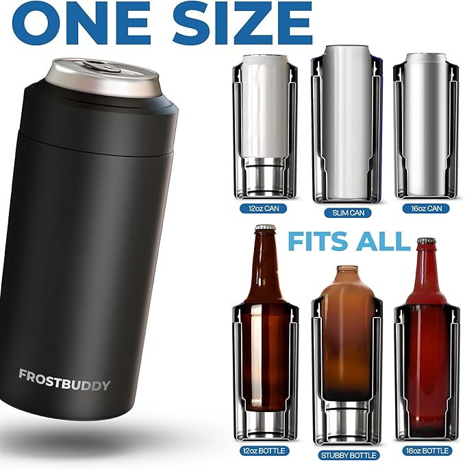 Frost Buddy Universal Buddy Can Cooler - Fits All - For Regular 12 & 16 oz or Slim-Size Bottles - Insulated Double-Walled Stainless Steel (Lights)