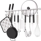 Kitchen Hanging Rack, 20 Inch Wall-Mounted Pot Holder with 10 Quiet Sliding Hooks, Rail Organizer Utensil Holder Bar for Cooking Spatulas Cups, Made of 304 Stainless Steel. (Silver)