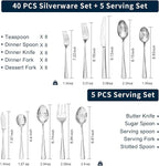 KINGSTONE Silverware Set for 8, 45-Piece Forged 18/10 Stainless Steel Flatware Set with Serving Utensils, Mirror Finish Cutlery Set Dishwasher Safe for Home, Restaurant, Wedding, Party