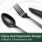 EWFEN 24-Piece Black Silverware Set with Steak Knives, Black Flatware Set for 4, Food-Grade Stainless Steel Tableware Cutlery Set, Mirror Finished Utensil Sets for Home Restaurant, Roman Column