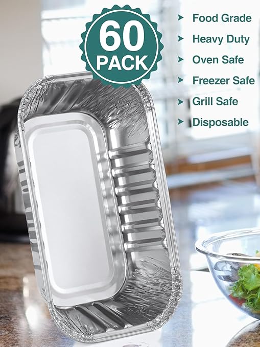 NEEBAKE 60 Pack 6x3.5x2 Disposable Aluminum Loaf Pans with Lids Small-Aluminum-Foil-Pans-Tin-Foil-Baking-Pans-Tin-Trays-Food-Containers-for-Baking-Cakes-Bread-Meat-Loaves