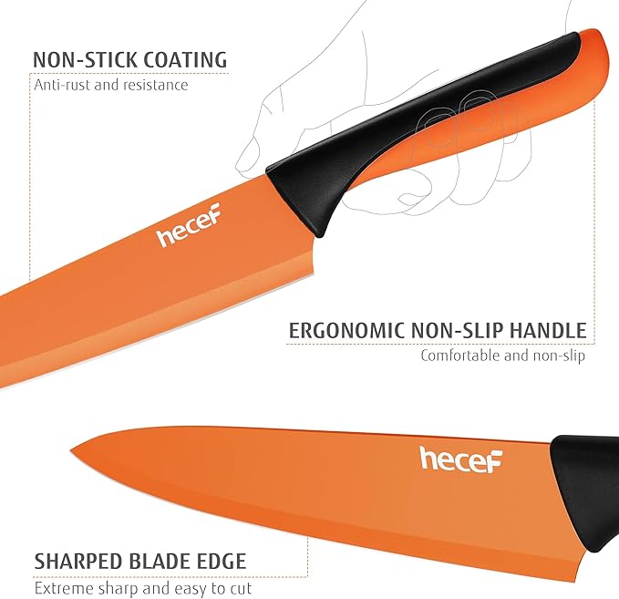hecef 15 Pieces Kitchen Knife Set with Built-in Sharpening Wooden Block, Dishwasher Safe, High Carbon Stainless Steel Knife Block Set with Steak Knives, Kitchen Scissors (Orange)