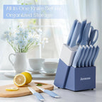 Astercook Kitchen Knife Set with Block and Sharpener 15 Piece German High Carbon Stainless Steel Knives Sharp Blade Dishwasher Safe Deba Knives with Ergonomic Handle, Delicate Blue