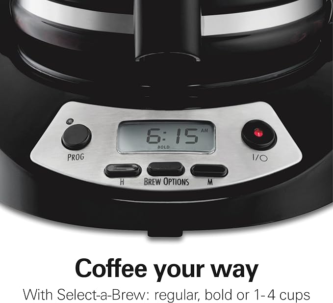 Hamilton Beach 12 Cup Programmable Drip Coffee Maker Machine, Regular & Bold Brew Options, Auto Pause and Pour, Glass Carafe, Black with Stainless Accents (46299J)