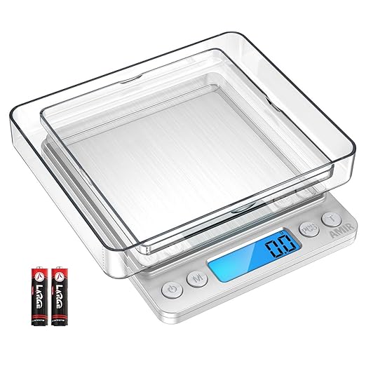 AMIR Digital Kitchen Scale, 3000g 0.01oz/ 0.1g Pocket Coffee Scale, Mini Food Scale, Pro Electronic Jewelry Scale with Back-Lit LCD Display, Tare & PCS Functions, Stainless Steel, Batteries Included