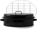 Oval Roasting Pan with Lid and Rack 18" Large Roaster Pan Set Comes With Lron Rack Enamel Cook Ware Dishwasher Compatibility Granite Oven Roaster