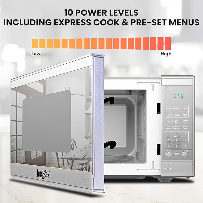 Total Chef 0.7 Cu Ft Microwave Oven – Compact Countertop Microwave, Small Stainless Steel Kitchen Appliance with Digital Touch, Pre-Set Functions, 10” Turntable, 700 Watt, Microondas Pequeños