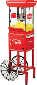 Nostalgia Coca-Cola Popcorn Maker - 48-Inch Vintage Movie Theater Style Cart with 2.5 Oz Kettle, 10 Cup Capacity, Lighted Interior, Storage Compartment, and Wheels - Red