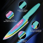 Kitchen Knife Set with Guards, 13 Piece Rainbow Titanium Coated Stainless Steel Boxed Knives Set, Anti-Rust and Dishwasher Safe, 6 Knives with 6 Blade Covers and Kitchen Shears