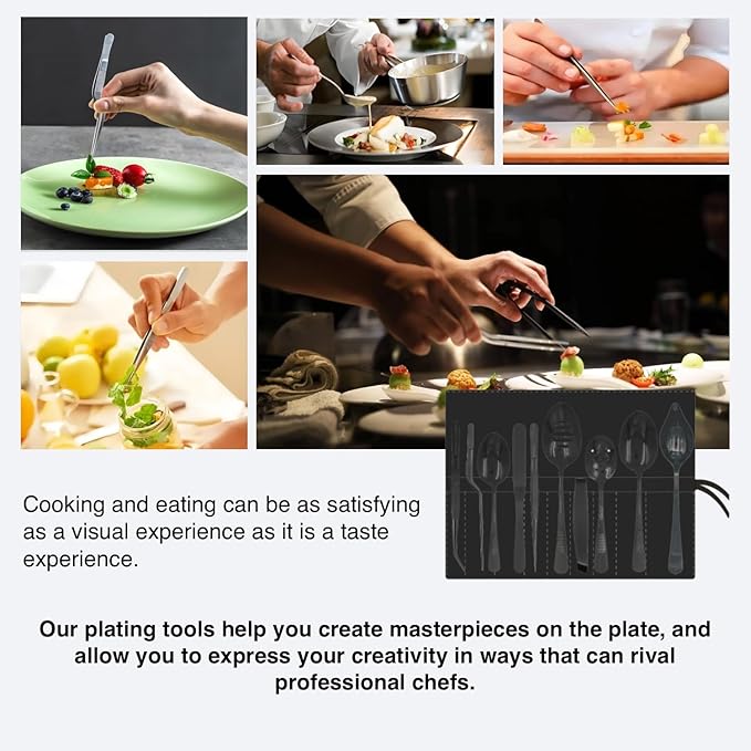 Professional Chef Tools | Plating Tools Culinary Set | Piece Culinary Tool Set | Premium Stainless Steel Chef's Plating Tool Set | Kitchen Tweezers & Fish tongs & Spatula & Slotted Spoon (Black) (10)