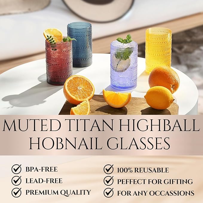 Khen Plastic Hobnail Drinking Highball Glasses Set of 6 Neutral Tones Cups 14oz, Shatterproof & Unbreakable Acrylic Beaded Design, BPA-Free, Dishwasher Safe Indoor/Outdoor Drinkware Water, Cocktails