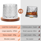 Rotatable Old Fashioned Glass, 275ml/10oz Crystal Whiskey Glass Set of 4, Wood Coaster, Thickening, Used as Rum Glass, Cocktail Cup, Coffee Cup, Milk Cup to Relax and Reduce Stress, Christmas gifts