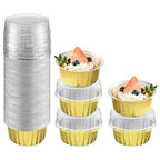 100Pcs 2-Layers Aluminium Foil Cups with Lids, Golden 5oz Disposable Baking Molds, Chocolate Tarts, Muffin Cupcake Cheesecake Liners Pudding Milk Jelly Containers for Christmas Party