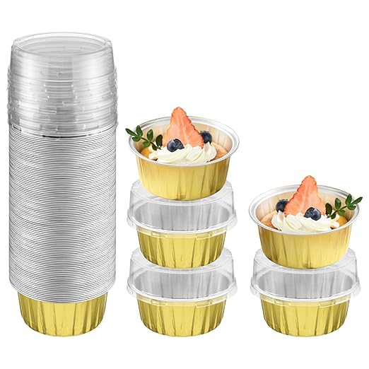 100Pcs 2-Layers Aluminium Foil Cups with Lids, Golden 5oz Disposable Baking Molds, Chocolate Tarts, Muffin Cupcake Cheesecake Liners Pudding Milk Jelly Containers for Christmas Party