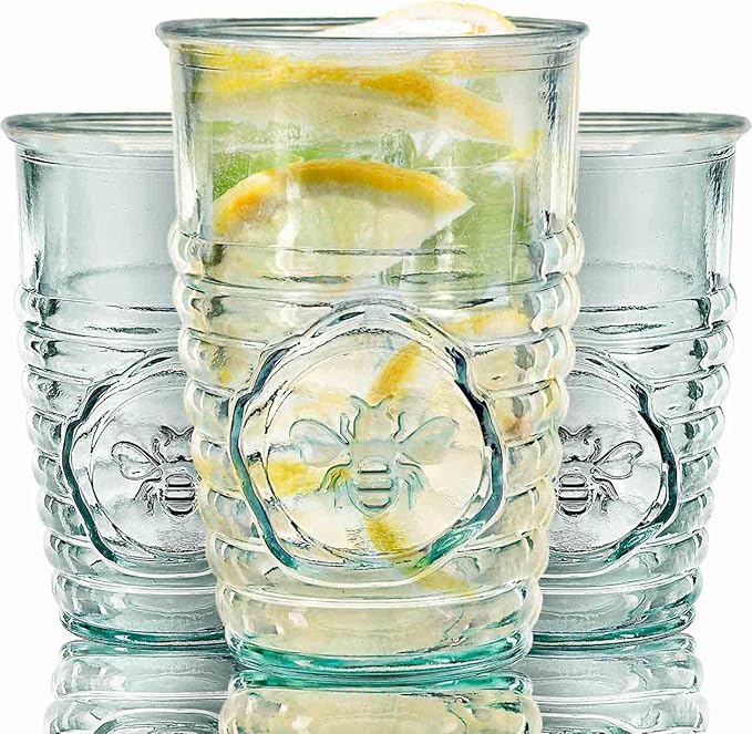 COURONNE CO. Clear Recycled Drinking Glass Tumbler, Perfect for Cocktails, Refreshments & Everyday Use, Restaurant Grade, Crafted without lead-based materials (11.2 Oz, Bee), Pack of 6