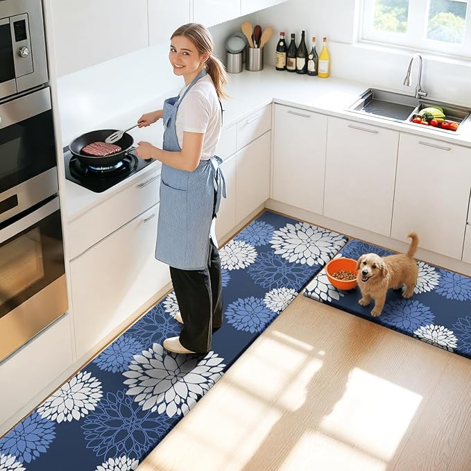 Kitchen Mats, 2PCS Non-Slip Cushioned Rugs, Anti-Fatigue Waterproof Floor Rug, Washable Standing Desk Mat, Home Laundry Office Apartment Decor and Accessories (17.3" ×70" +17.3" ×30"-Blue)