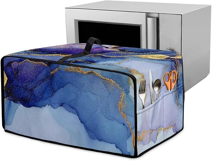 Marble Print Toaster Oven Dust Cover, Heavy Duty Heat-Resistant Cover for Kitchen Counter Small Appliances, with Accessory Pockets, Blue Violet Gold, (Small-14.5*18.46*9 inches)