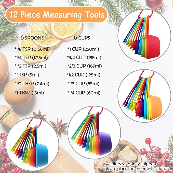 12 Piece Measuring Cups and Spoons Set, Colored Kitchen Measure Tools, Durable Nesting Cups and Spoons for Dry and Liquid, Dishwasher Safe