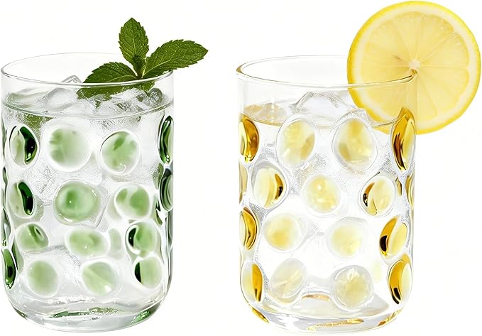 3D Polka Dot Crystal Glass Set of 2 – Hand-Colored Retro Design, Lead-Free Crystal, 16oz Capacity (Green & Yellow)