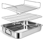 15.5" Stainless Steel Roasting Pans with Handles, Baking Pan for Oven with 2 Racks, Heavy Duty, Dishwasher Safe Rectangular Lasagna Pan with Handles for Turkey Chicken, Silver