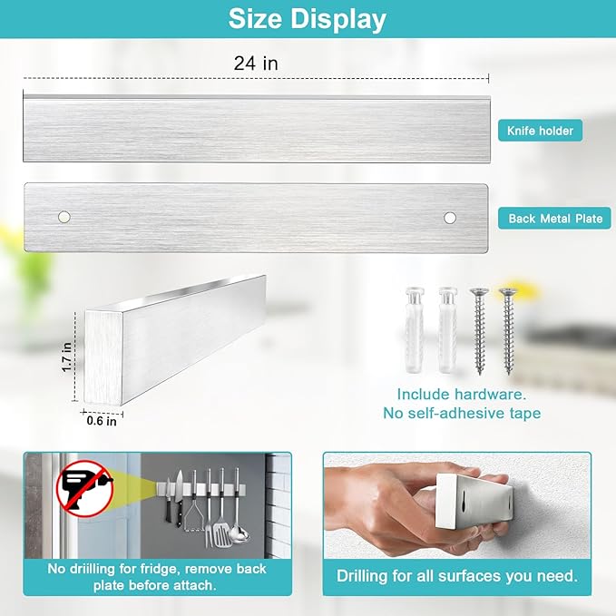 Magnetic Knife Holder for Wall 24 Inch Knife Magnetic Strip Refrigerator Knife Magnet Bar Wall Mount Knife Rack for RV Kitchen Utensil Holder Metal Tool Holder Knife Block