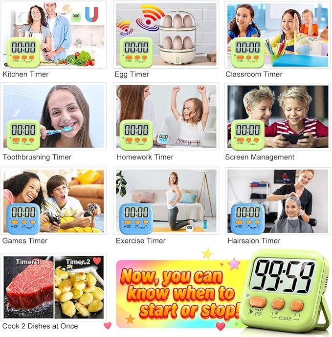 Antonki 2 Pack Digital Timer for Kids, Magnetic Countdown Kitchen Timers for Cooking, Egg, Classroom, Teacher, Exercise, Study, Oven - Battery Included