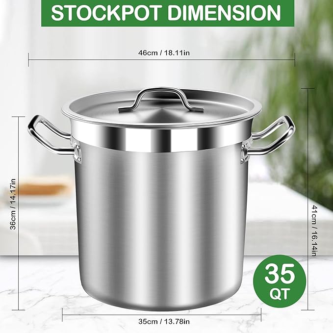 STOCKPOT 35 Quart Commercial Grade Large Stock Pot - Soup Pot with Lid - Non-Nickel Stainless Steel - Healthy Cookware Polished Stockpots - Heavy Duty - 8.8Gallon