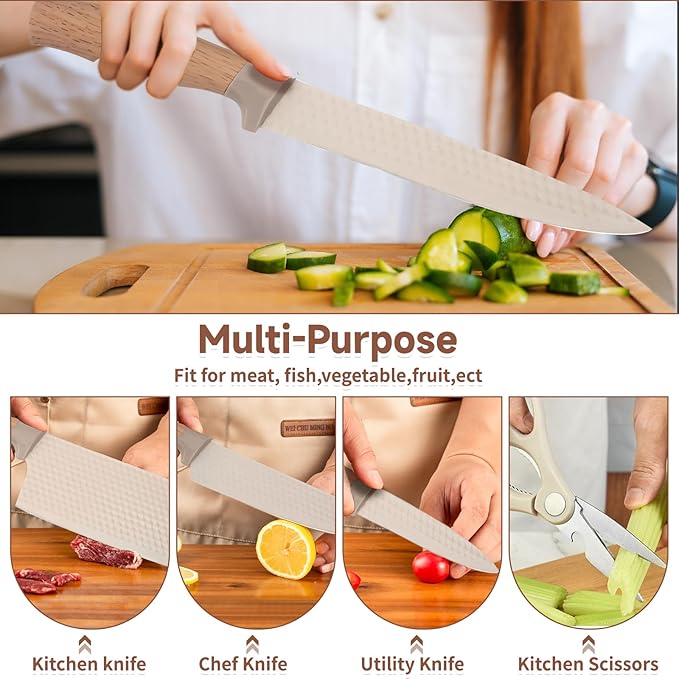 Kitchen Knife Set,6-Piece Khaki Kitchen Knife Set with Knife Block – Non-Stick Stainless Steel Sharp Blades, Anti-Rust & Ergonomic Design for Home, Restaurant,Outdoor