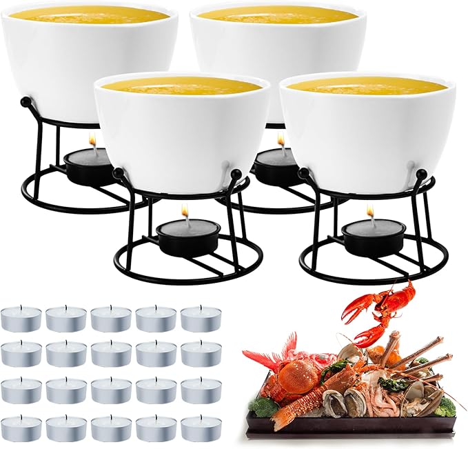 Luvan 4Pcs 14.2oz Butter Warmers for Seafood, Butter Melter with Stands and 20Pcs Tealight Candles,Ceramic Butter Warmer Set for Lobster, Personal Fondue Set Melted Butter Cups for Seafood, Fondue