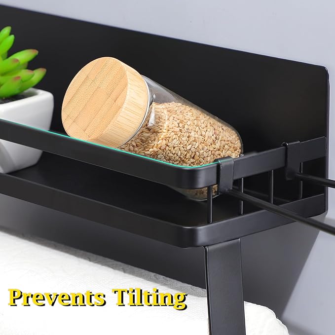 DELITON Magnetic Paper Towel Holder for Fridge - Black Paper Towel Roll Holder with Shelf for Grill Strong Magnetic Heavy Duty, Kitchen Refrigerator Organization Spice Rack with 2 Hooks No Drill