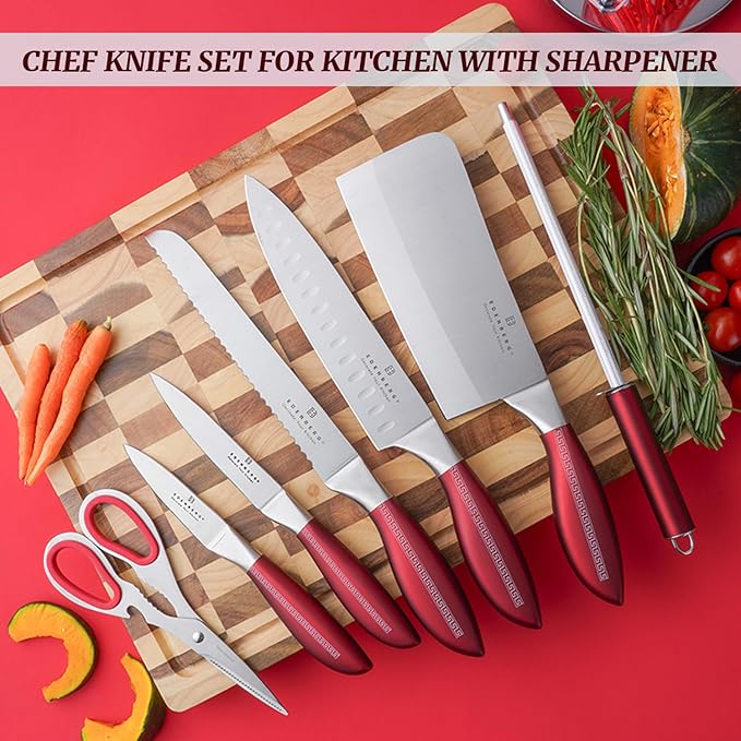 Kitchen Knife Set, Retrosohoo 9-Piece Red Sharp Non-Stick Coated Chef Knives Block Set,Stainless Steel Knife Set for Kitchen with Sharpener for Cutting Slicing Dicing Chopping (Red)