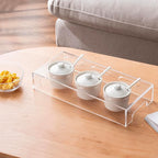 MyGift 10 Pcs Condiment Pot Serving Dishes Set, Clear Acrylic Server Tray and 3 Ceramic Ramekin Bowls with Lids and Spoons for Sauces, Dips, Hosting Essentials for Party