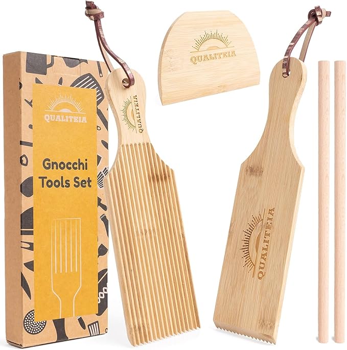 Gnocchi Board Set for Rolling Dough - 2x Paddles, 2x Rollers & 1x Cutter, Bamboo Pasta Shaper Tools Butter Maker, Garganelli Cavatelli Tortellini Cavarola Roller (Gnocchi Board Set 4)