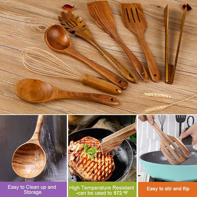 Wooden Utensil for Cooking, Wood Kitchen Utensils Cooking Set Teak Wood Spoons set for Cooking,Spatulas Non-Stick for Cookware Kitchen Spoon (7)
