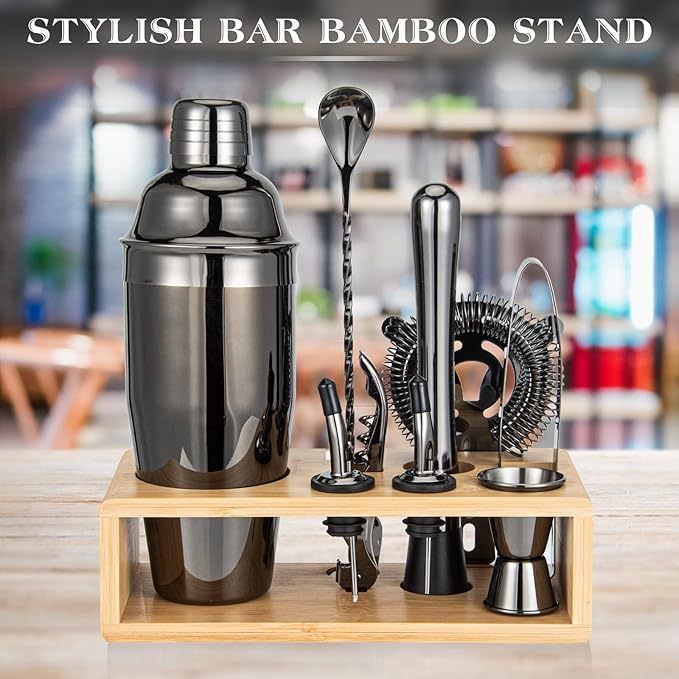 Black Cocktail Shaker Set, Premium 18/8 Stainless Steel Mixology Bartender Kit with Stylish Bamboo Stand 10-Piece Bar Tools & Accessories for Home Bar for Men, Dad, Husband