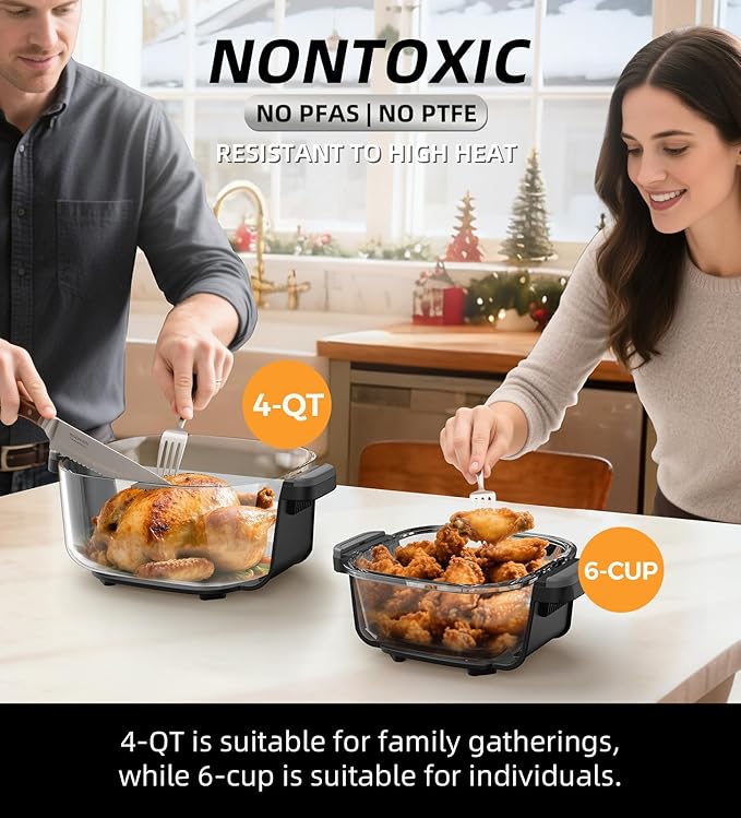 5-in-1 Portable Glass Air Fryer, 4QT & 6-Cup Glass Containers with Lids, Silicone Mat, 1500W Small Air Fryer, 90% Less Oil, Dishwasher/Freezer Safe for Single Servings, Family Meals