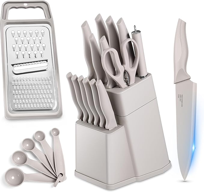 HaWare Knife Set, 21 Pieces Stainless Steel Kitchen Knife Block Set, Khaki Chef Knife Sets with Measuring Spoon & Slicer for Home, 6 Steak Kinves, Sharp Blade & Light Weight Cutlery, Ergonomic Handle